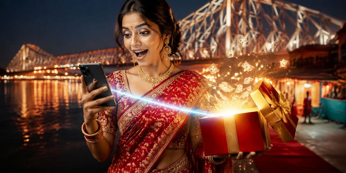 Evening view of Kolkata Howrah Bridge with festive lighting and mobile users